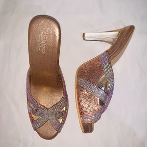 Rose gold heels with silver and gold rhinestones